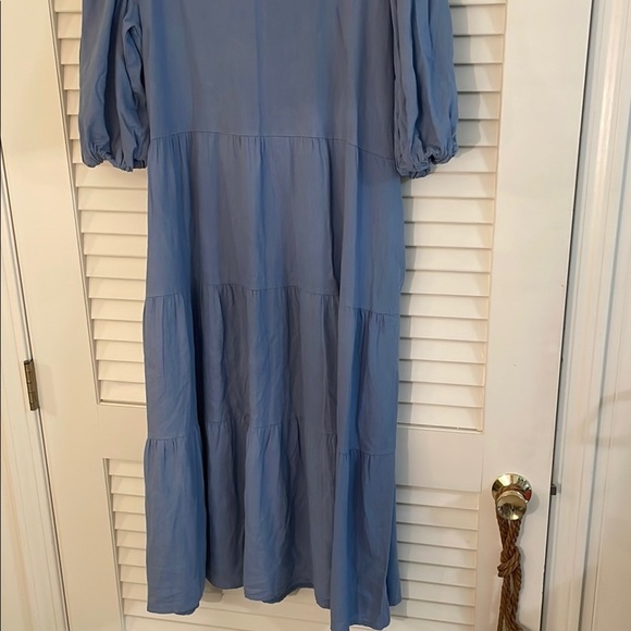 Magari Slate Blue 3/4 Puff Sleeve Button Down Tiered Pocketed Sundress - Picture 10 of 14